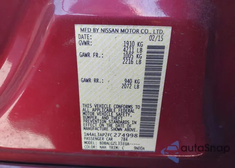 2015 Nissan Altima 2.5/2.5 S/2.5 Sl/2.5 Sv z USA, uszkodzony, nr VIN 1N4AL3AP2FC274998